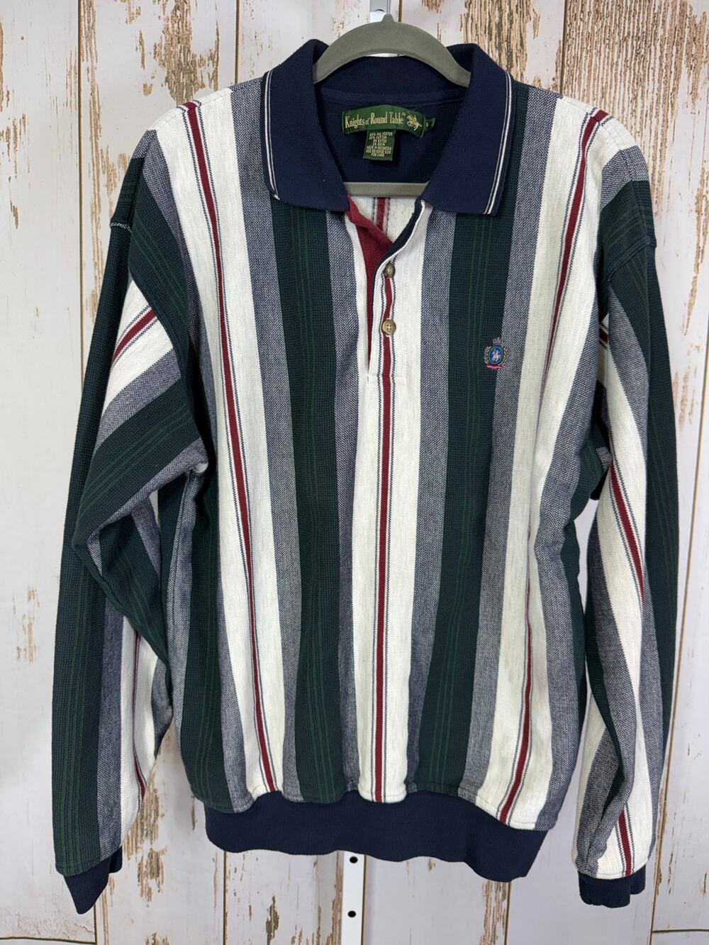 Vintage, Knights of Round Table Striped Long Sleeve Polo Shirt. Size Large.